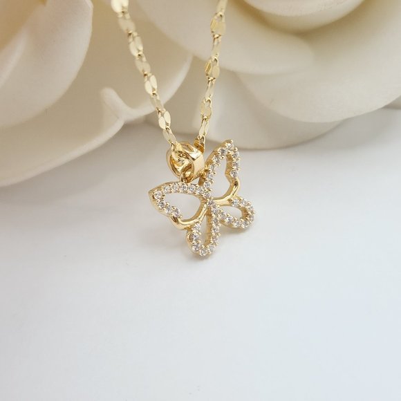 Solid 14k Gold Butterfly Charm Necklace - 18 Inches - Curved Mirror - Picture 2 of 5